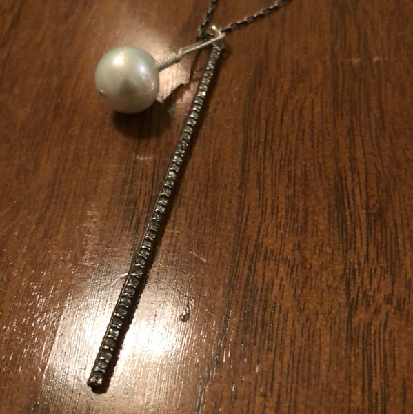 Pave disco stick and pearl drop charm necklace
